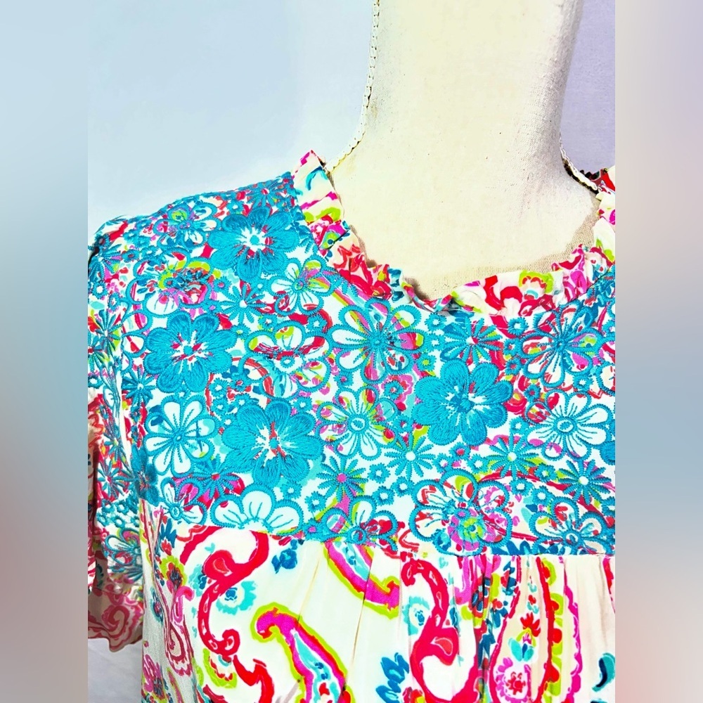Savanna Jane Embroidered Paisley Blouse Size M Multicolor Short Sleeve - Picture 7 of 8